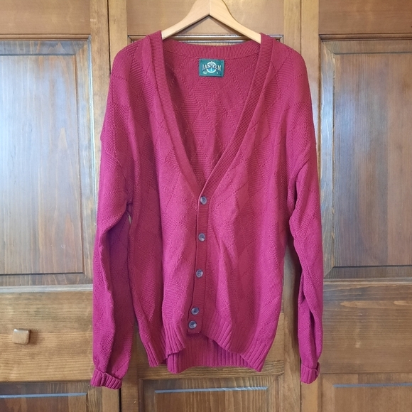 Vintage Jantzan deep red argyle Grandpa style v-neck knit cardigan sweater - Picture 1 of 12